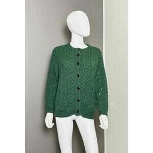 Vintage 1970’s Forest Green Cable Knit Fishermans Cardigan Handknit Sweater M/L